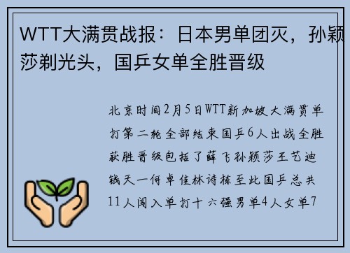 WTT大满贯战报：日本男单团灭，孙颖莎剃光头，国乒女单全胜晋级