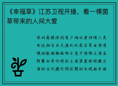 《幸福草》江苏卫视开播，看一棵菌草带来的人间大爱