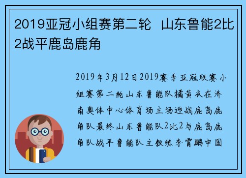 2019亚冠小组赛第二轮  山东鲁能2比2战平鹿岛鹿角