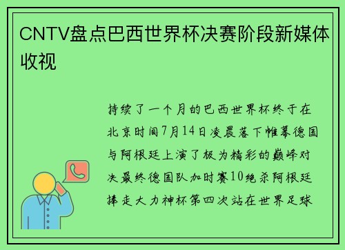 CNTV盘点巴西世界杯决赛阶段新媒体收视